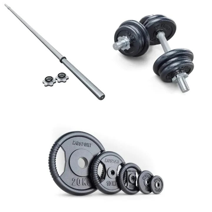 Cast iron weight plates and dumbbells for home gym training