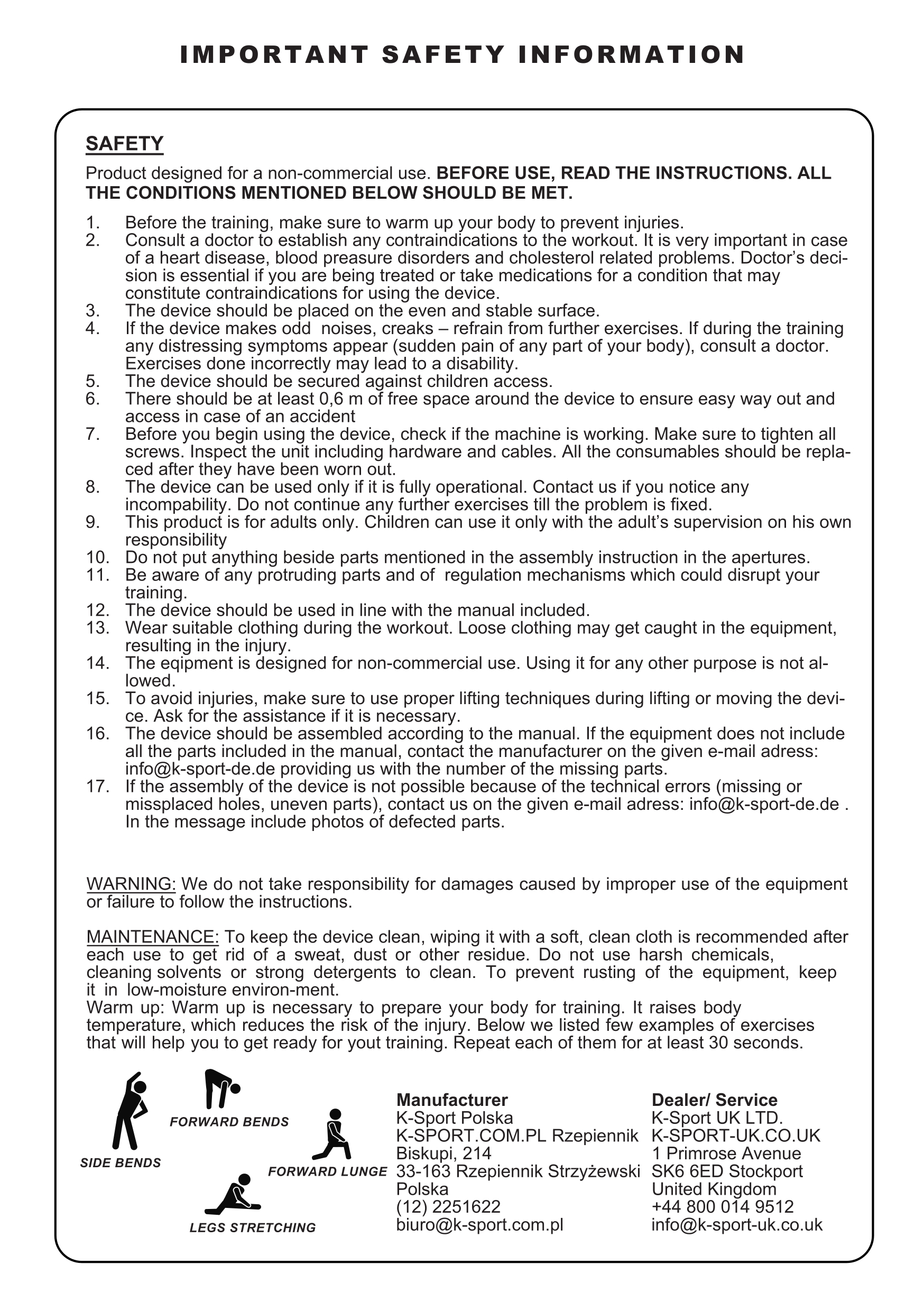 Safety information for fitness equipment