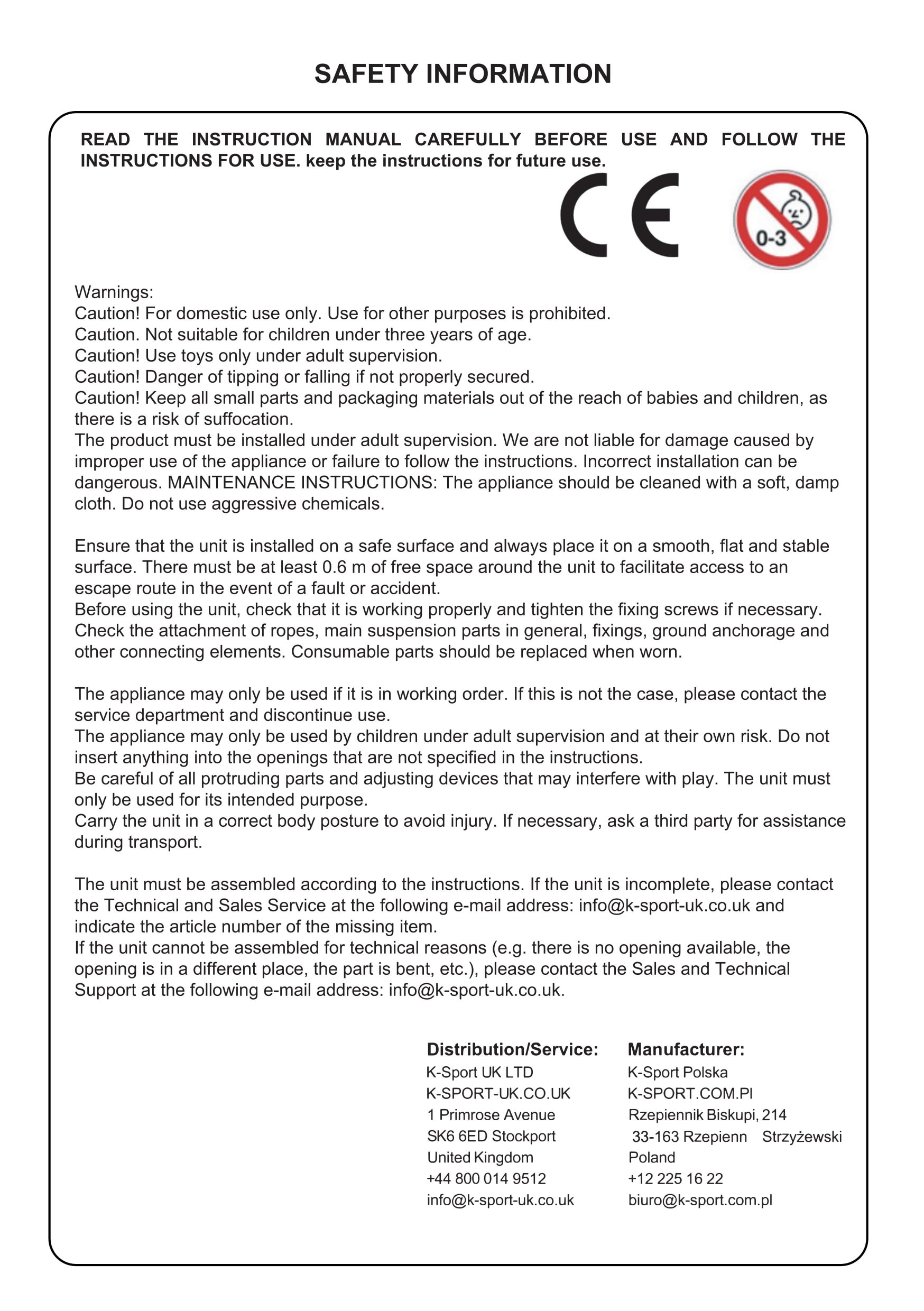 Safety information for swings