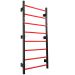Upright black steel stall bar with bright red horizontal rungs against a white background