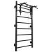 Full view of black metal Swedish Ladder Wall Bars with mounted pull-up bar and dip station attachments for home gym