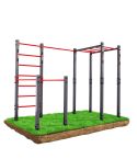 Outdoor calisthenics station with monkey bars, dip bars, and wall bars on grass – full-body workout equipment