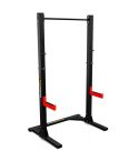 Heavy-duty squat rack with adjustable safety spotter arms and pull-up bar