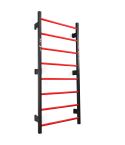 Upright black steel stall bar with bright red horizontal rungs against a white background