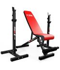 K-Sport weight lifting bench with an integrated rack system in red and black