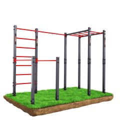 Outdoor calisthenics station with monkey bars, dip bars, and wall bars on grass – full-body workout equipment