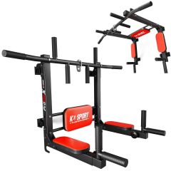 Multifunction pull-up and dip station with padded armrests and back support for home gym training
