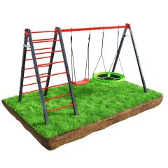Swing frame with ladder and nest swing on a green lawn
