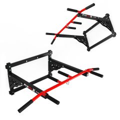 Pull-up bar for wall mounting with punching bag holder in red-black, versatile adjustable positions