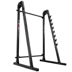 Freestanding black metal Squat Rack & Bench Press stand featuring multi-level safety hooks and an integrated pull-up bar