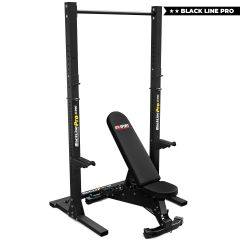 Black Line Pro squat rack with adjustable weight bench for professional home gym strength training