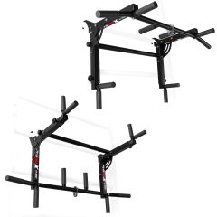 Wall-mounted pull-up and dip station with multi-grip handles for home gym training