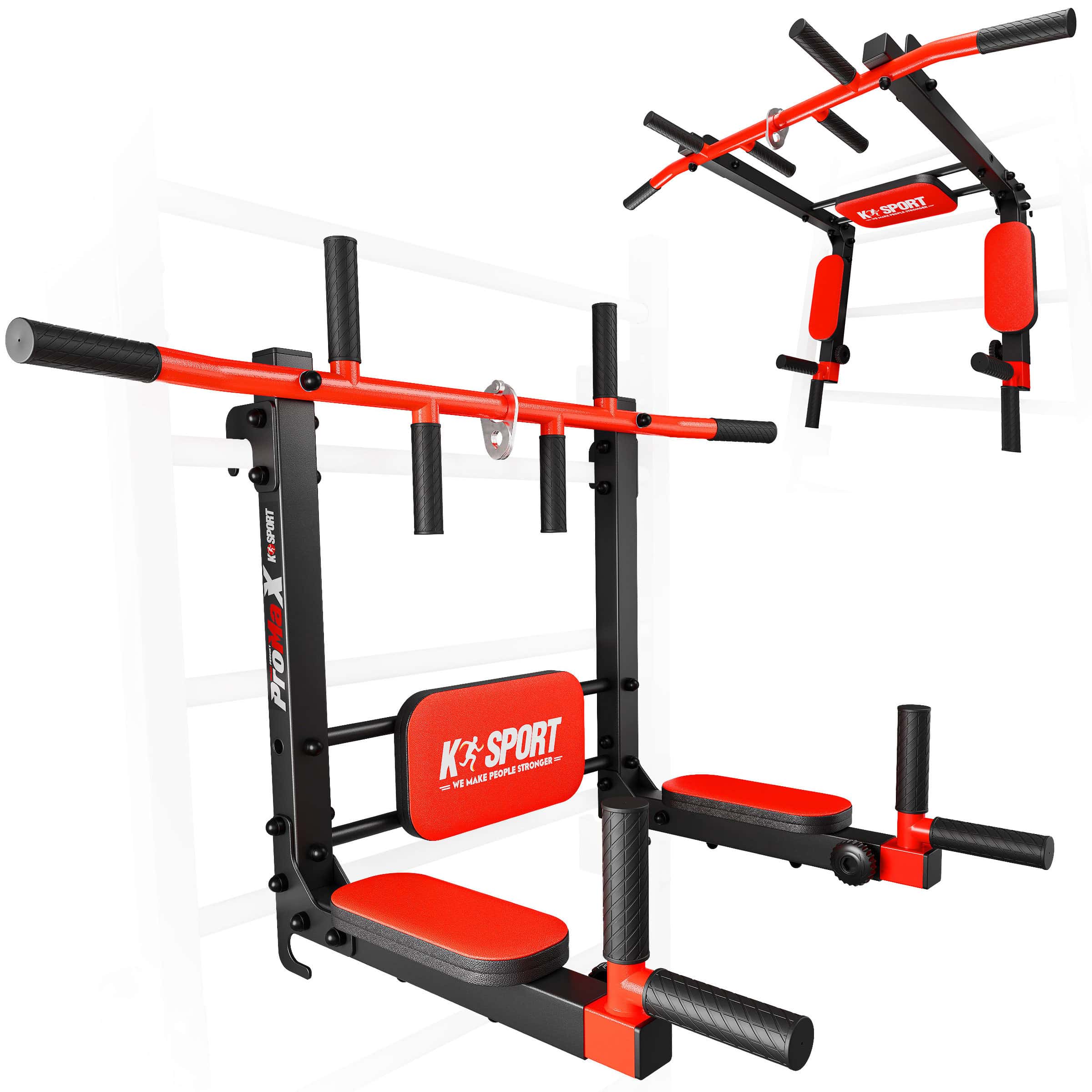 2-in-1 pull-up and dip station mounted on a Swedish ladder with red and black K-Sport padding