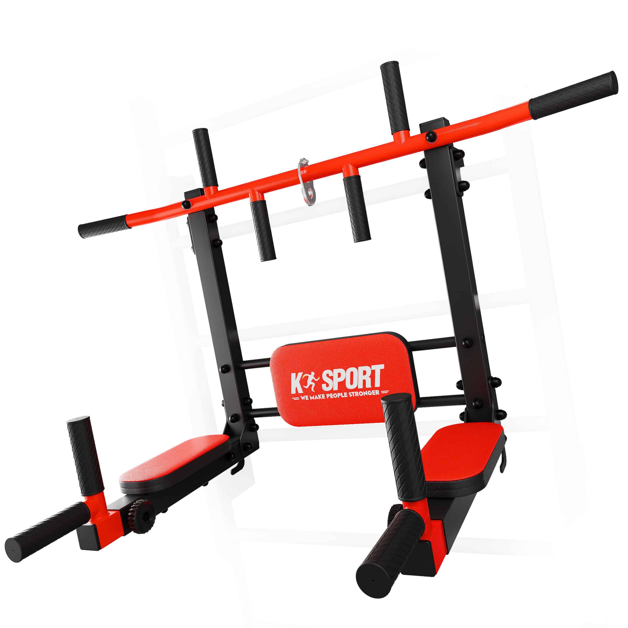 Front view of multifunctional dip and pull-up bar set attached to Swedish ladder frame
