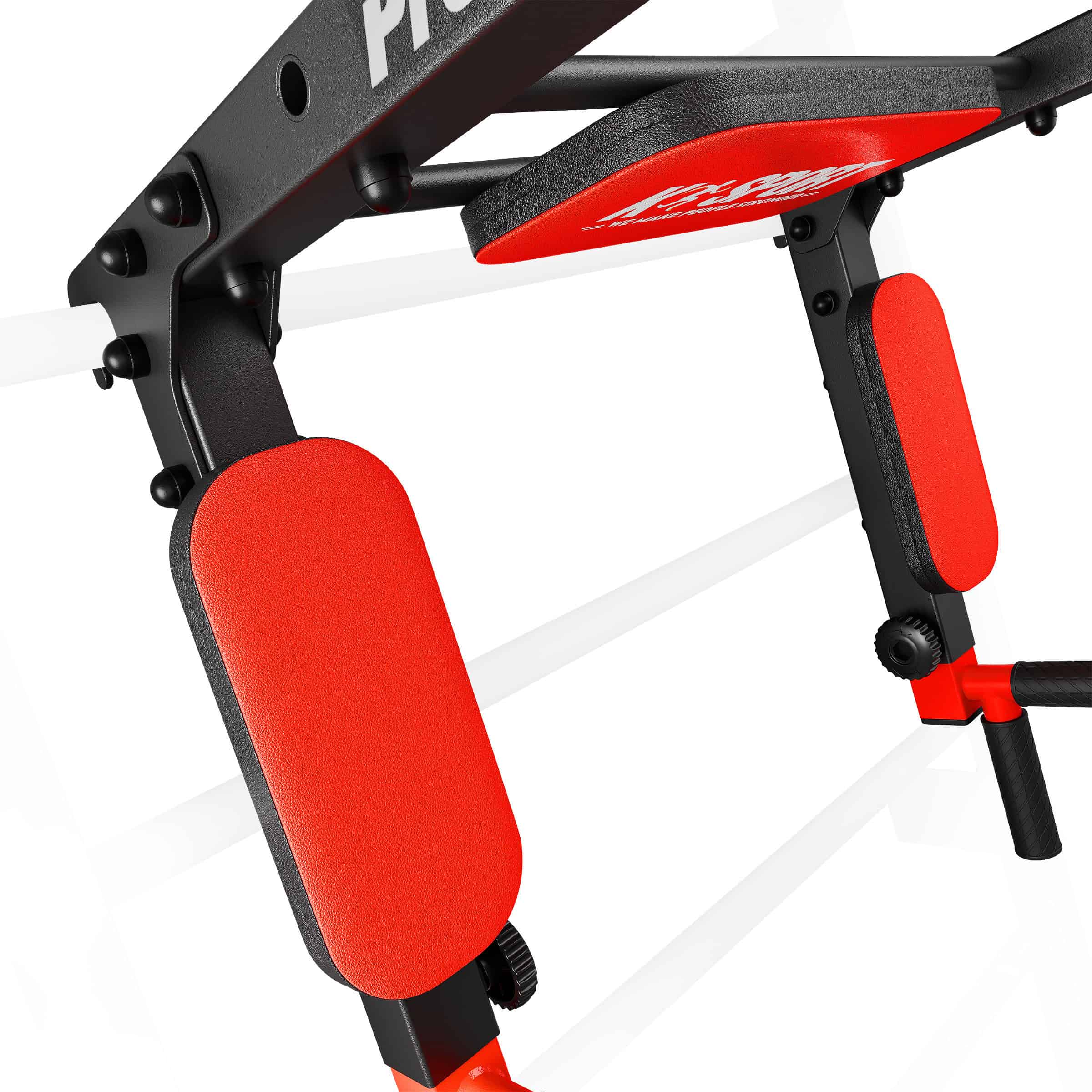 Close-up of the red padded armrests on the 2-in-1 pull-up and dip bar for Swedish ladders