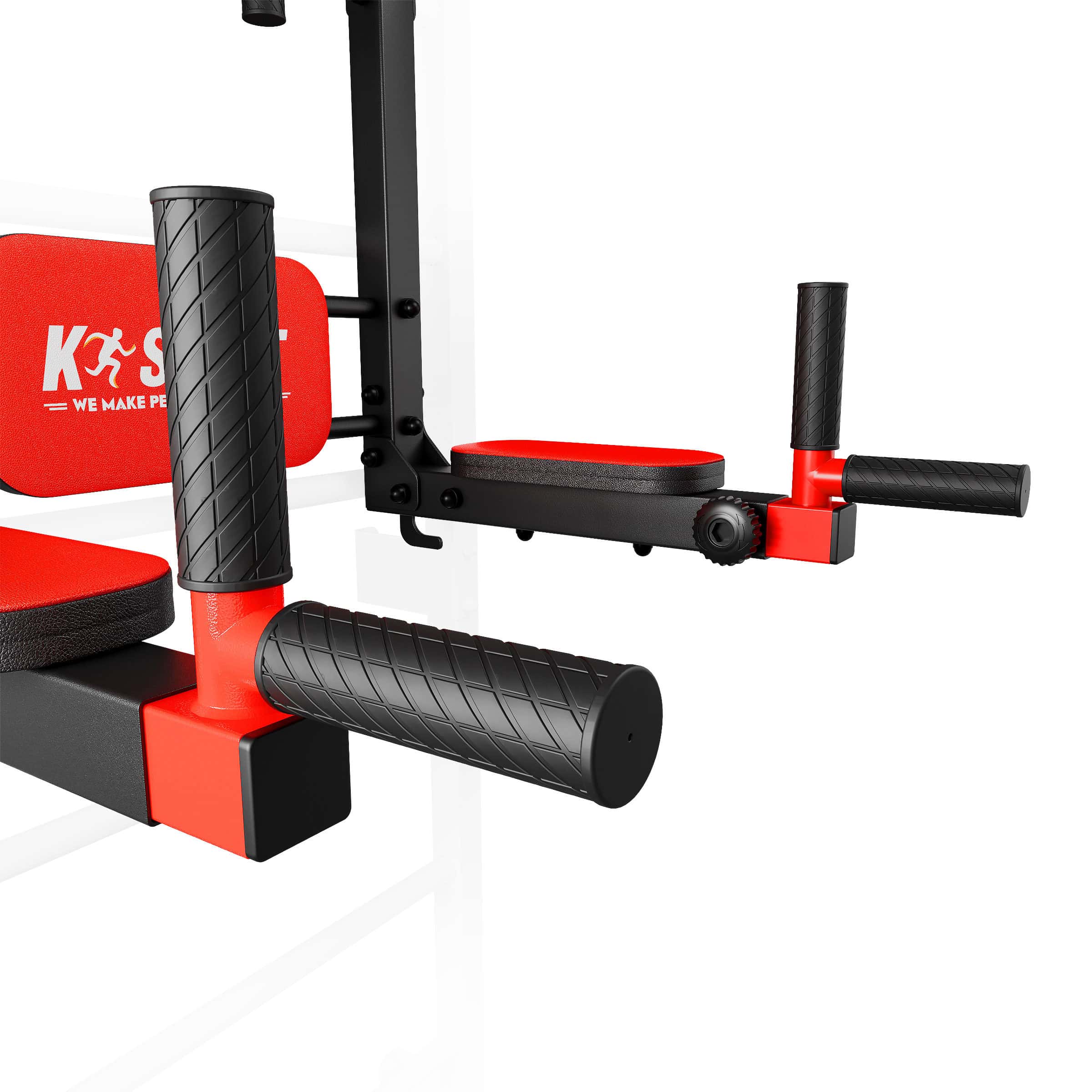 Detailed view of the dip bar handles and padded seat on the multifunctional K-Sport fitness station