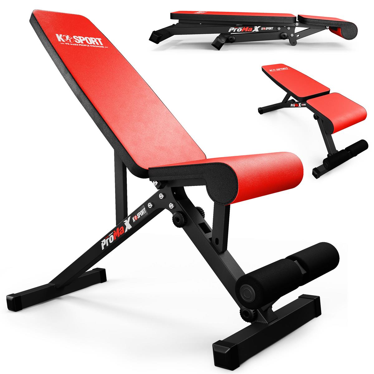 Red and black K-Sport ProMax adjustable weight lifting bench in an inclined position