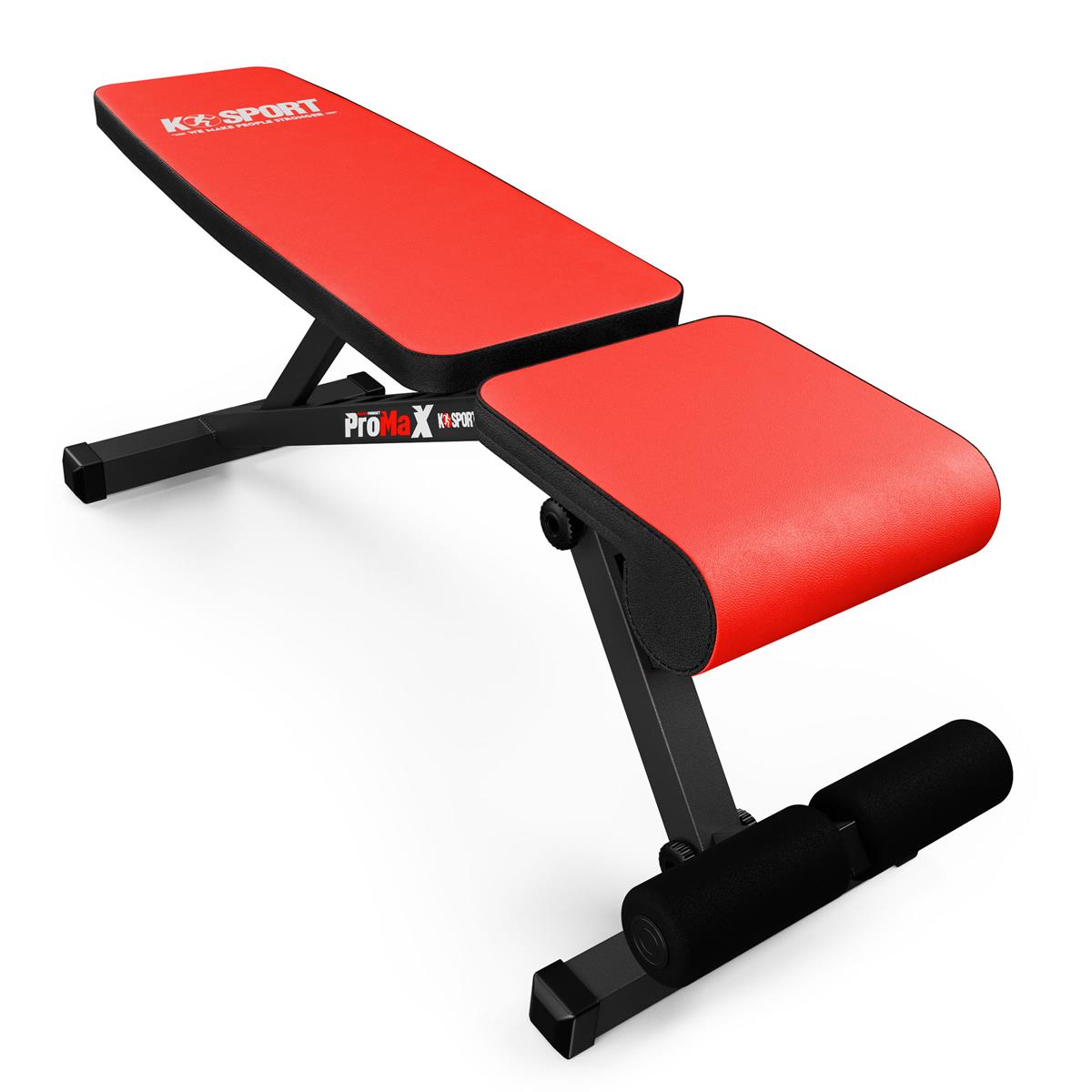 Red and black K-Sport adjustable weight lifting bench displayed flat on a white background