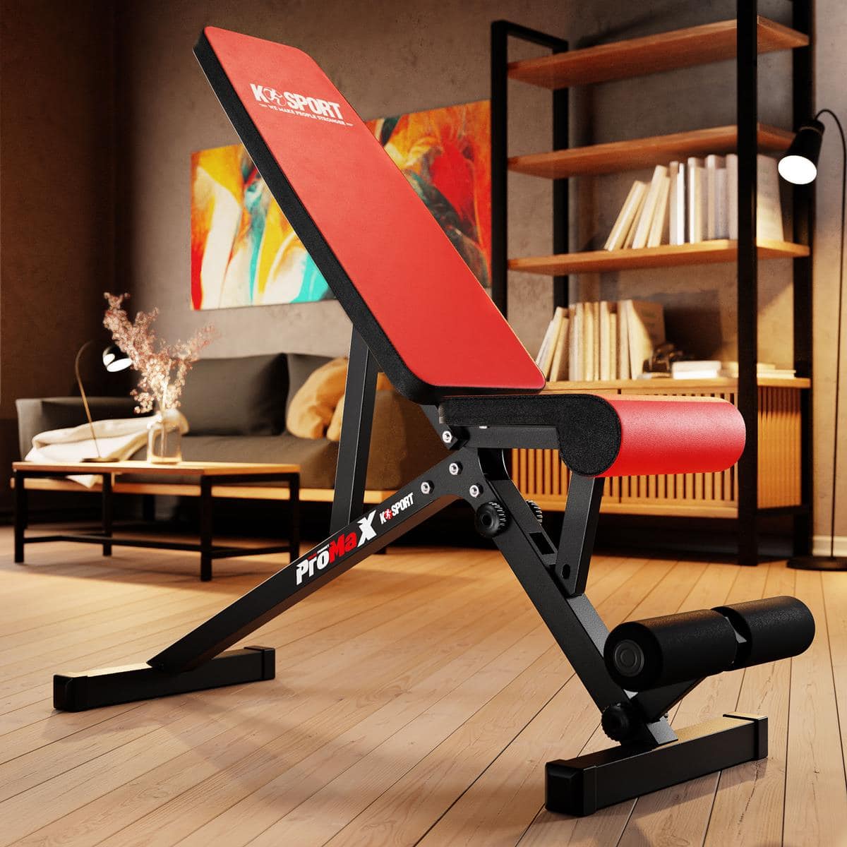K-Sport ProMax weight lifting bench set up in a modern interior room with a wooden floor