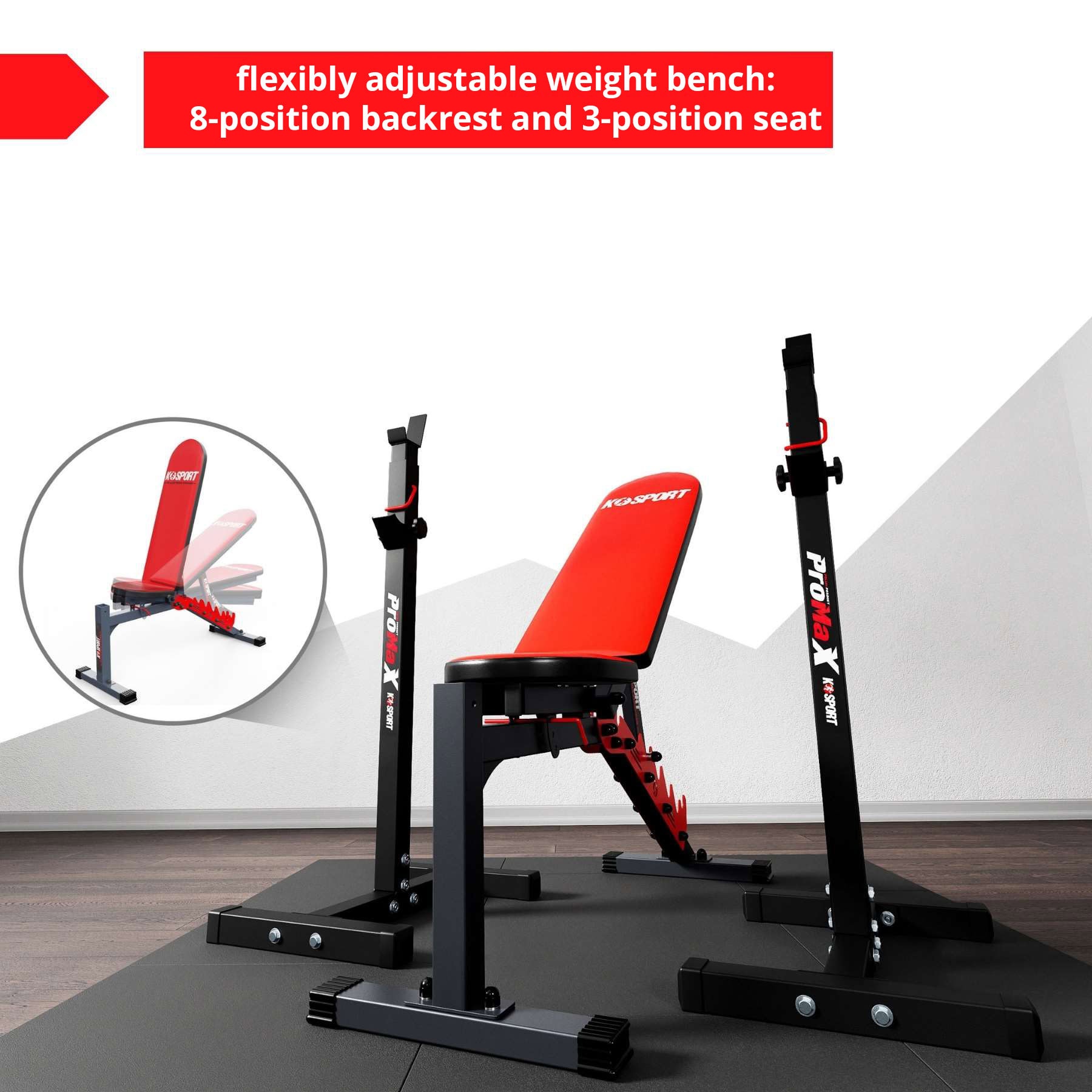K-Sport Adjustable Weight Bench with Barbell Stands