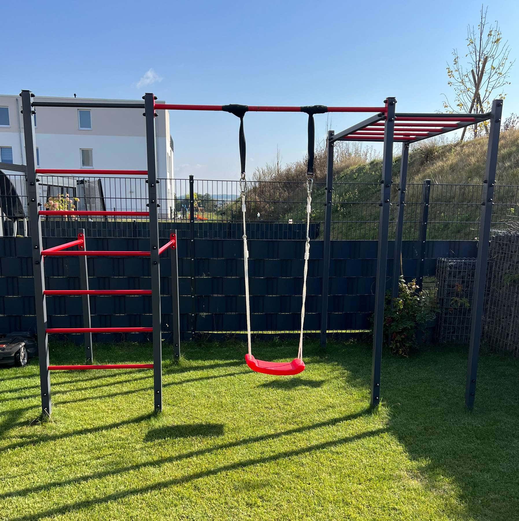 K-Sport Calisthenics Station with Monkey Bars, Hanging Ladder, and Swing, perfect for the outdoors