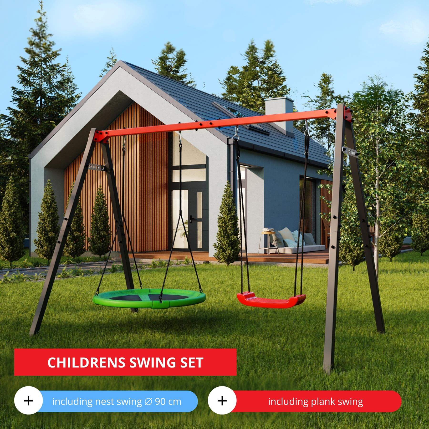 View of swing with nest and classic swing in garden near house
