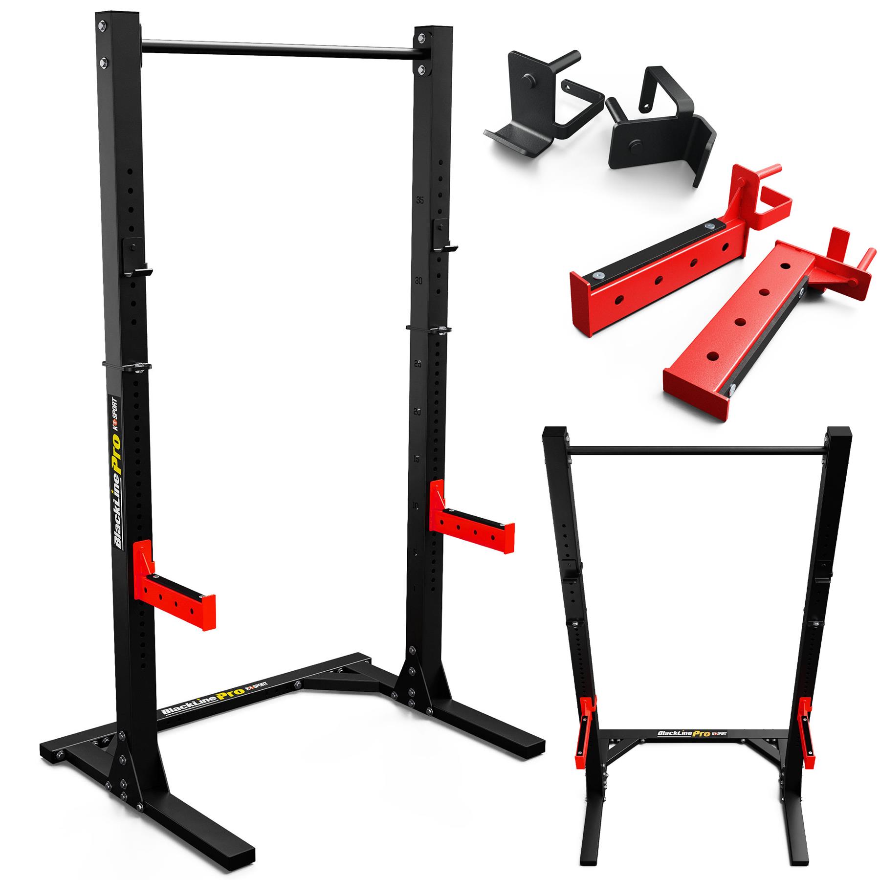 K-Sport solid squat rack Squat rack with red J-hooks and black frame structure