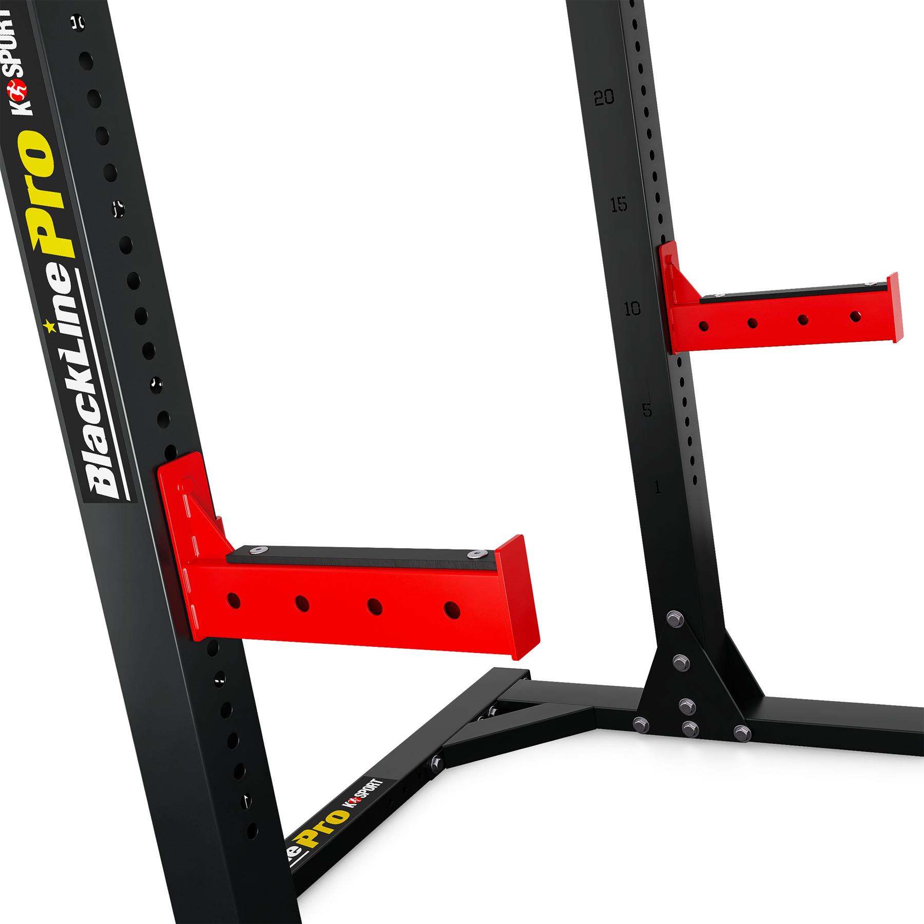 Detailed view of the J-hooks and height adjustment options on the K-Sport Squat Rack, red and black elements