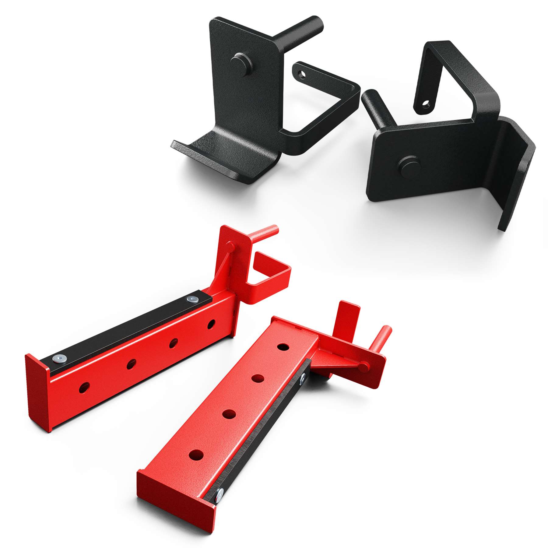 Solid J-hooks and safety rests for squat stands in black and red