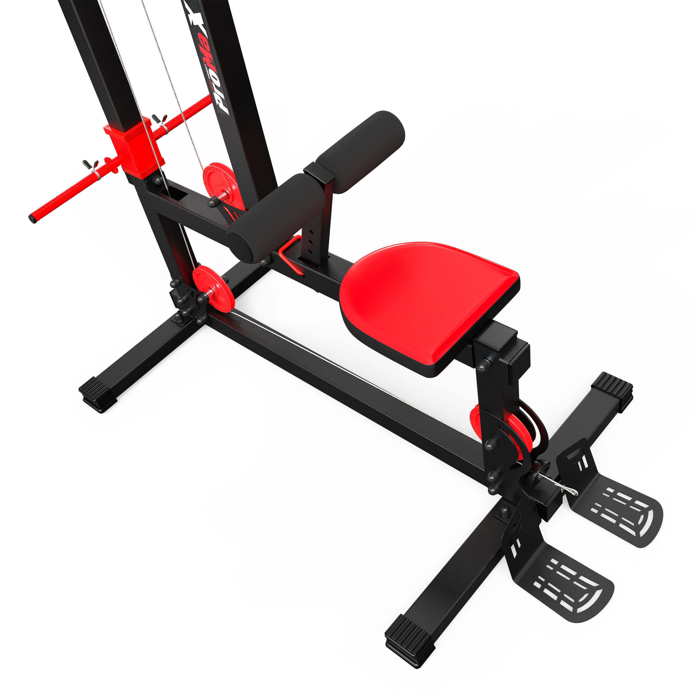 Close-up of the seat area and leg support of the K-Sport lat machine