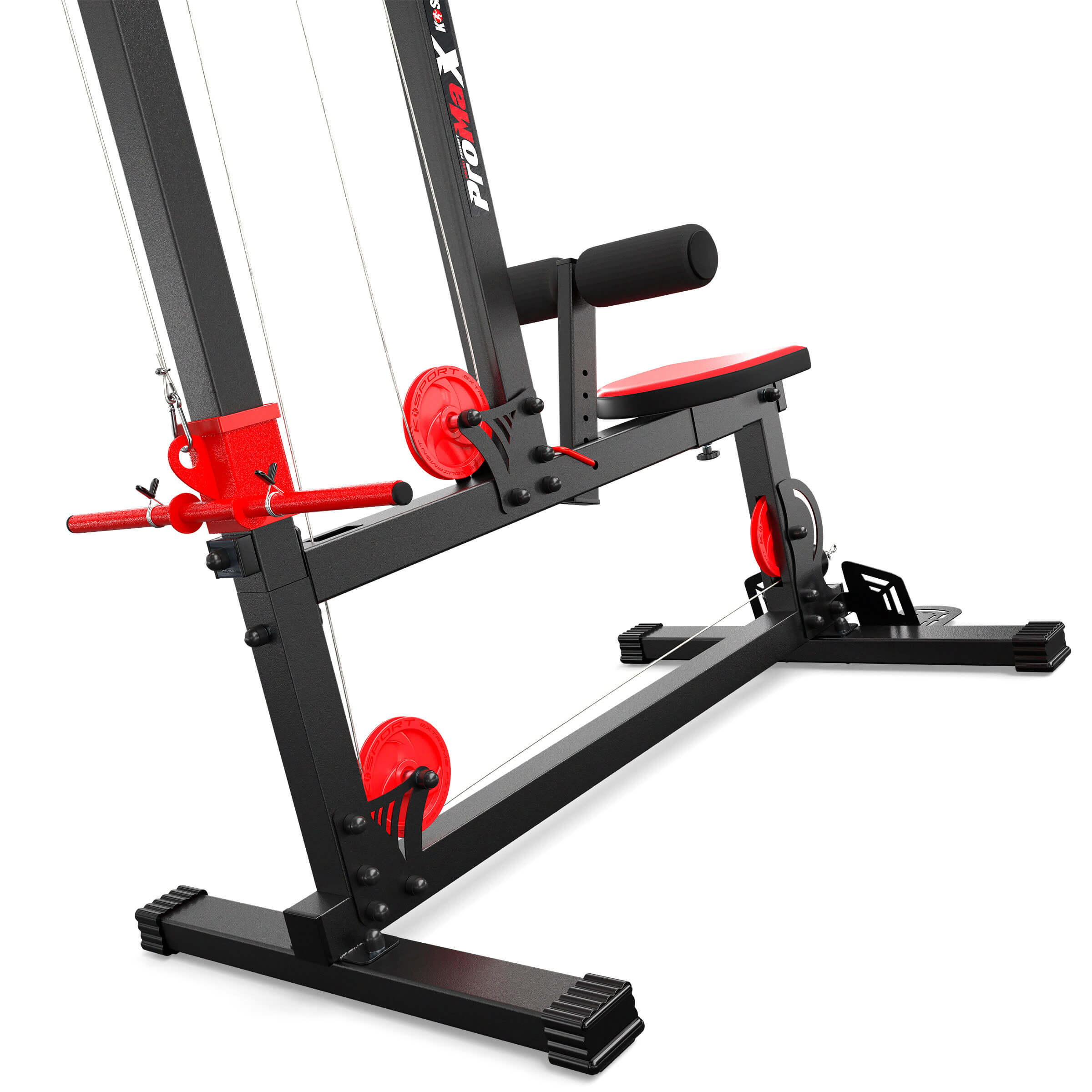 Lower side view of the K-Sport lat machine with weight holders