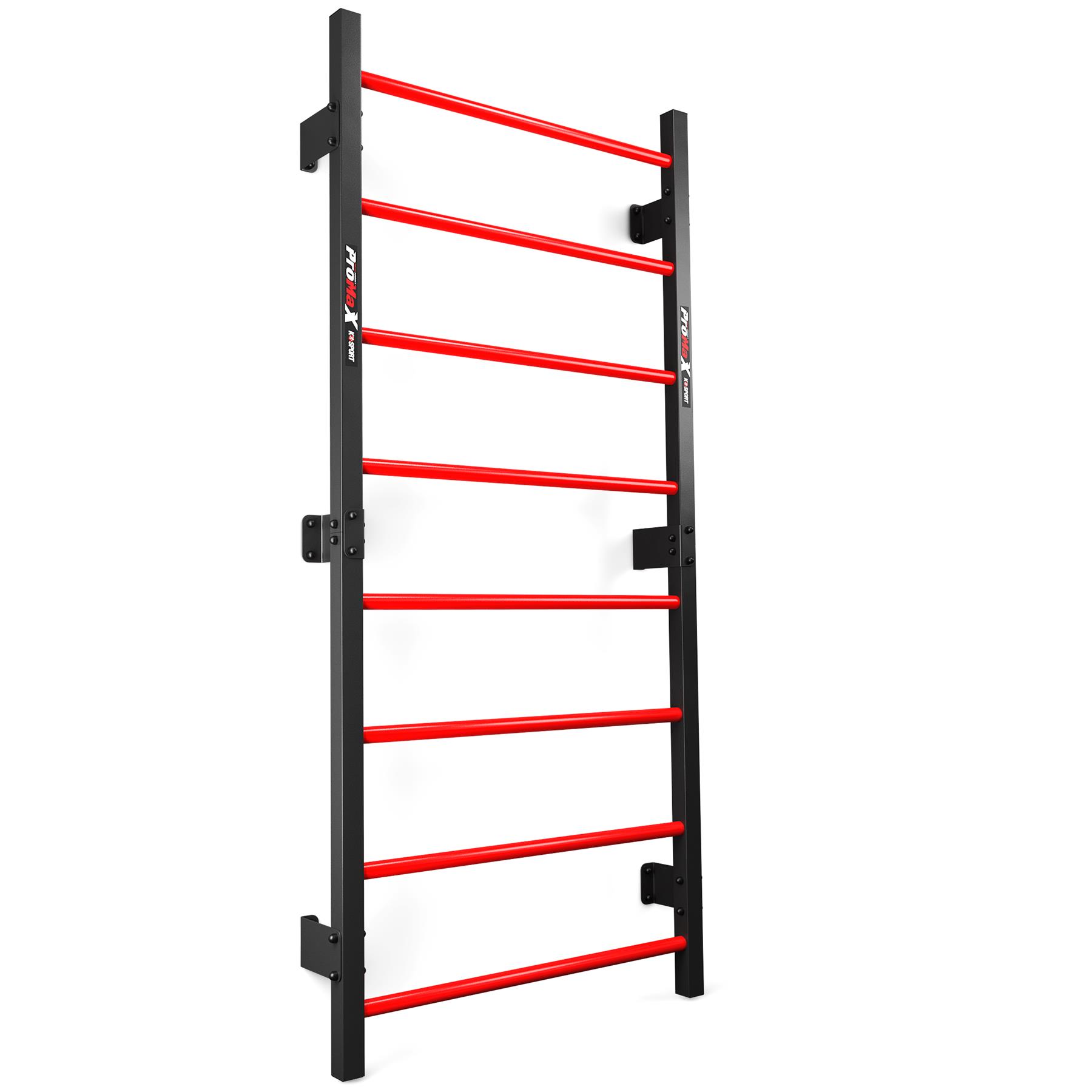 Upright black steel stall bar with bright red horizontal rungs against a white background