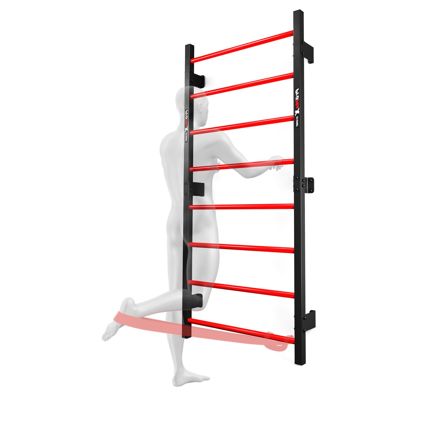 A translucent human figure demonstrating a leg exercise using a wall-mounted black and red stall bar