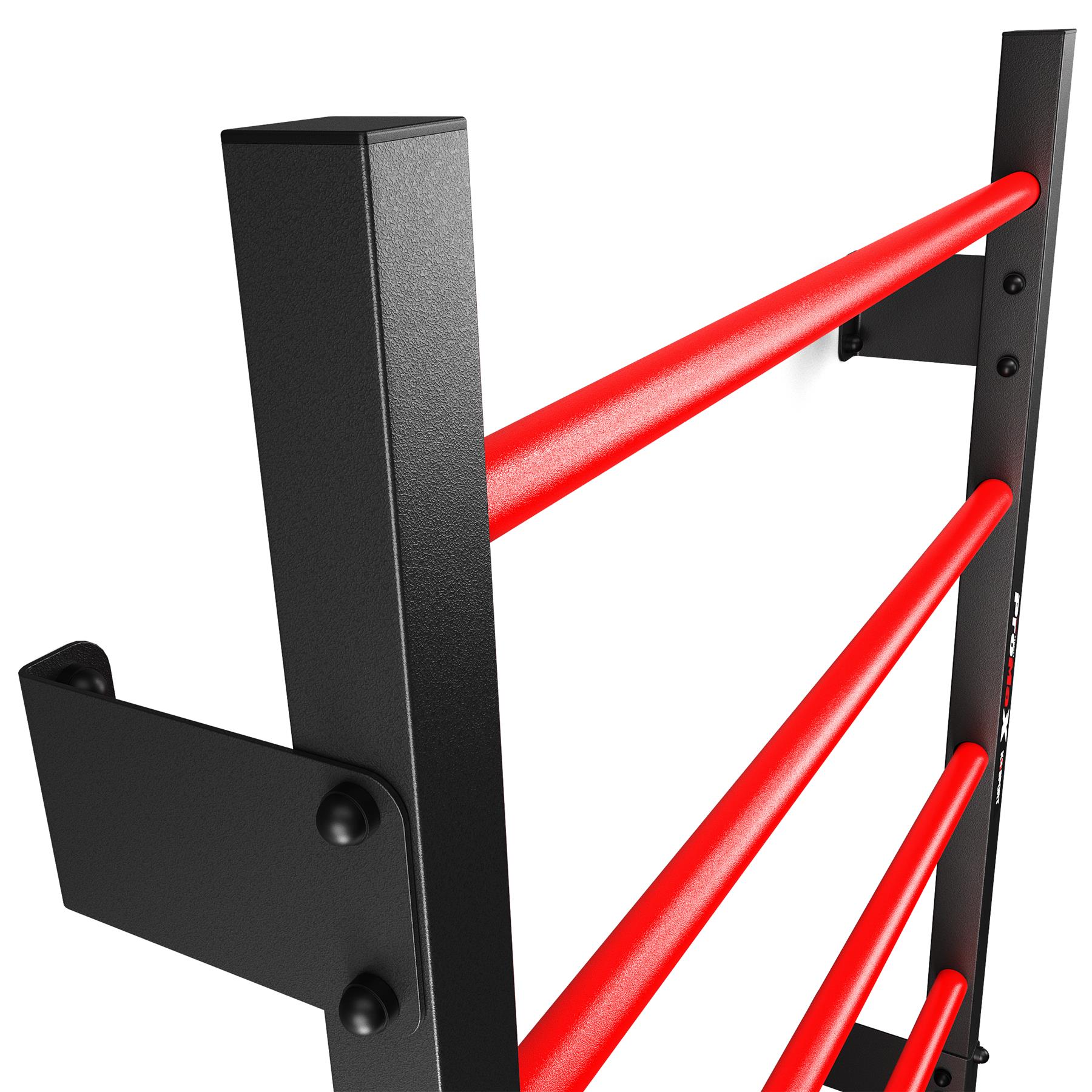 Close-up of the upper steel frame and bright red rungs on a wall-mounted stall bar