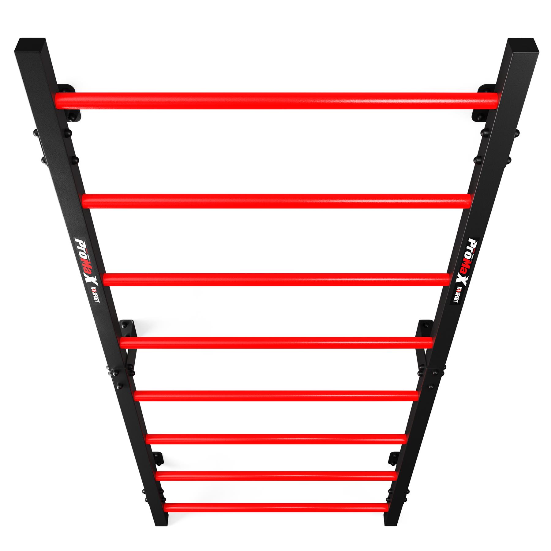 Front overhead view of a black steel stall bar fitted with multiple red horizontal bars