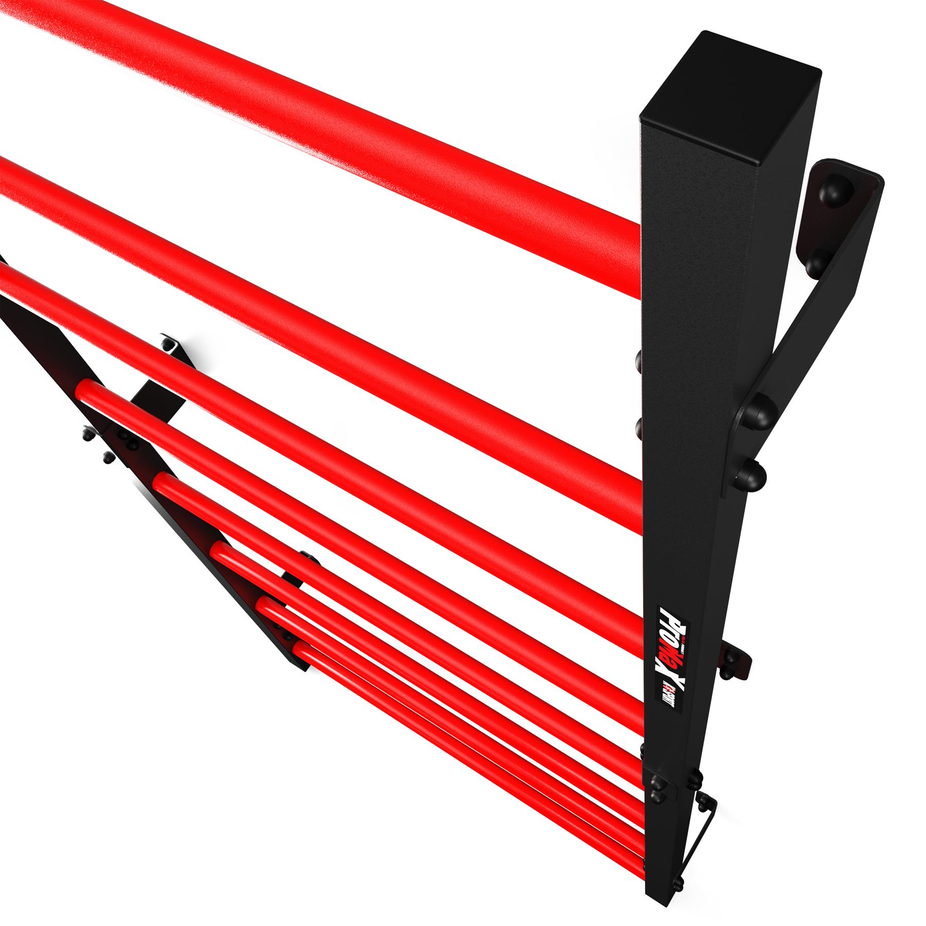 Angled top-down perspective of a black steel stall bar showcasing its bright red rungs