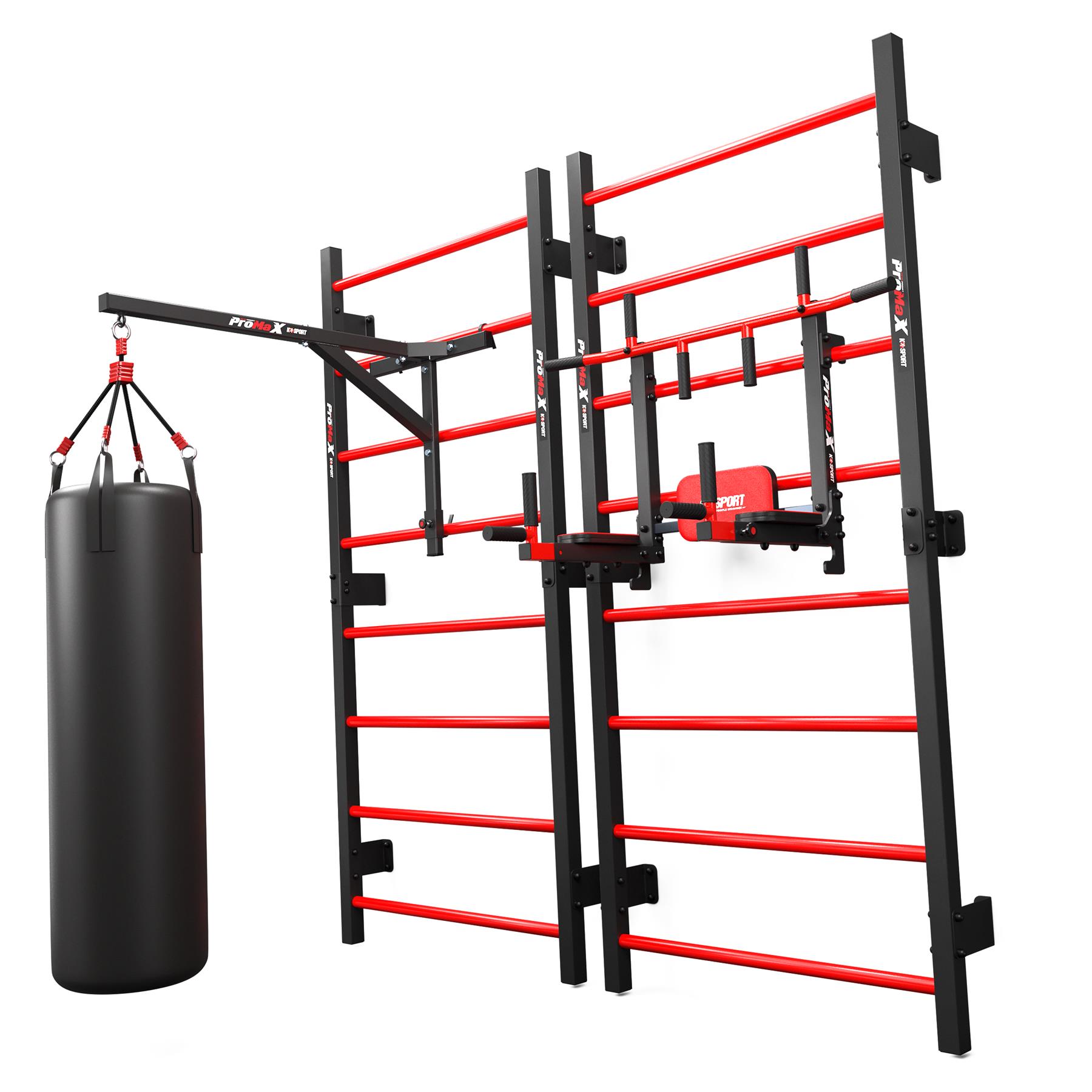 Multiple stall bars with black steel frames and red rungs, featuring a hanging punching bag and various workout attachments