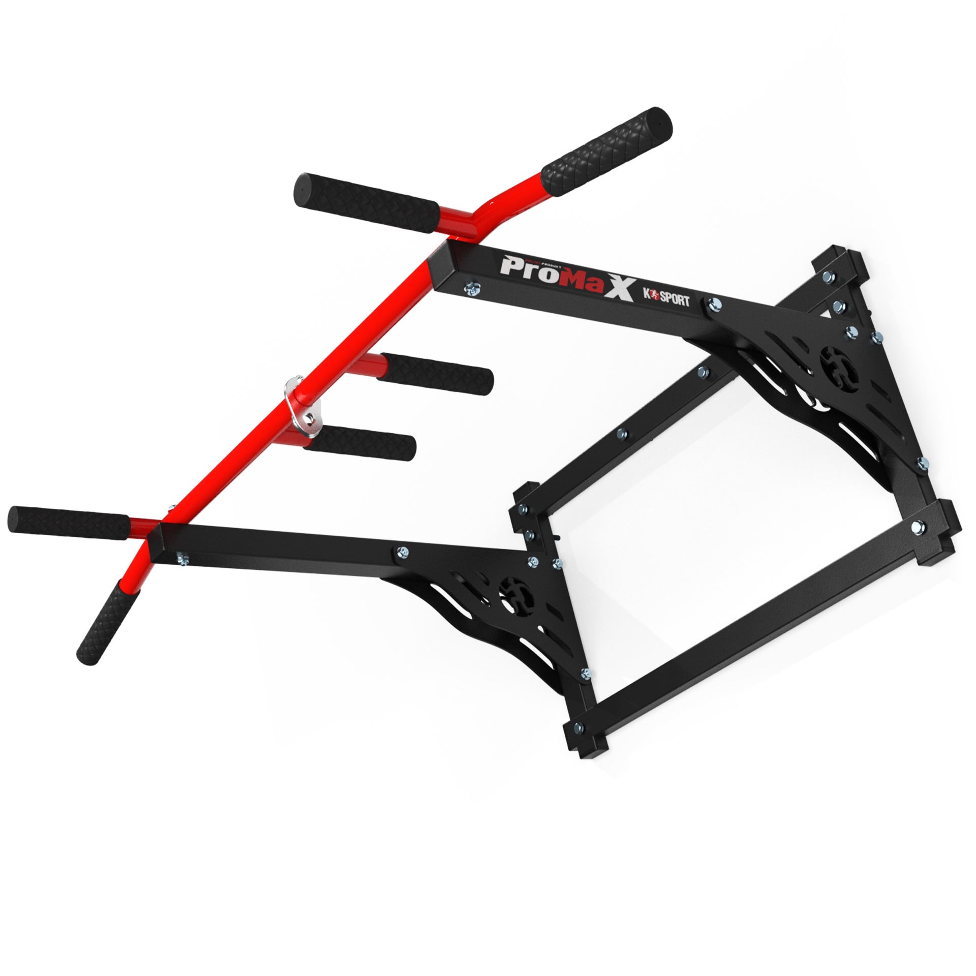 Side view of the wall mounted pull up bar, showing the different grips and robust structure