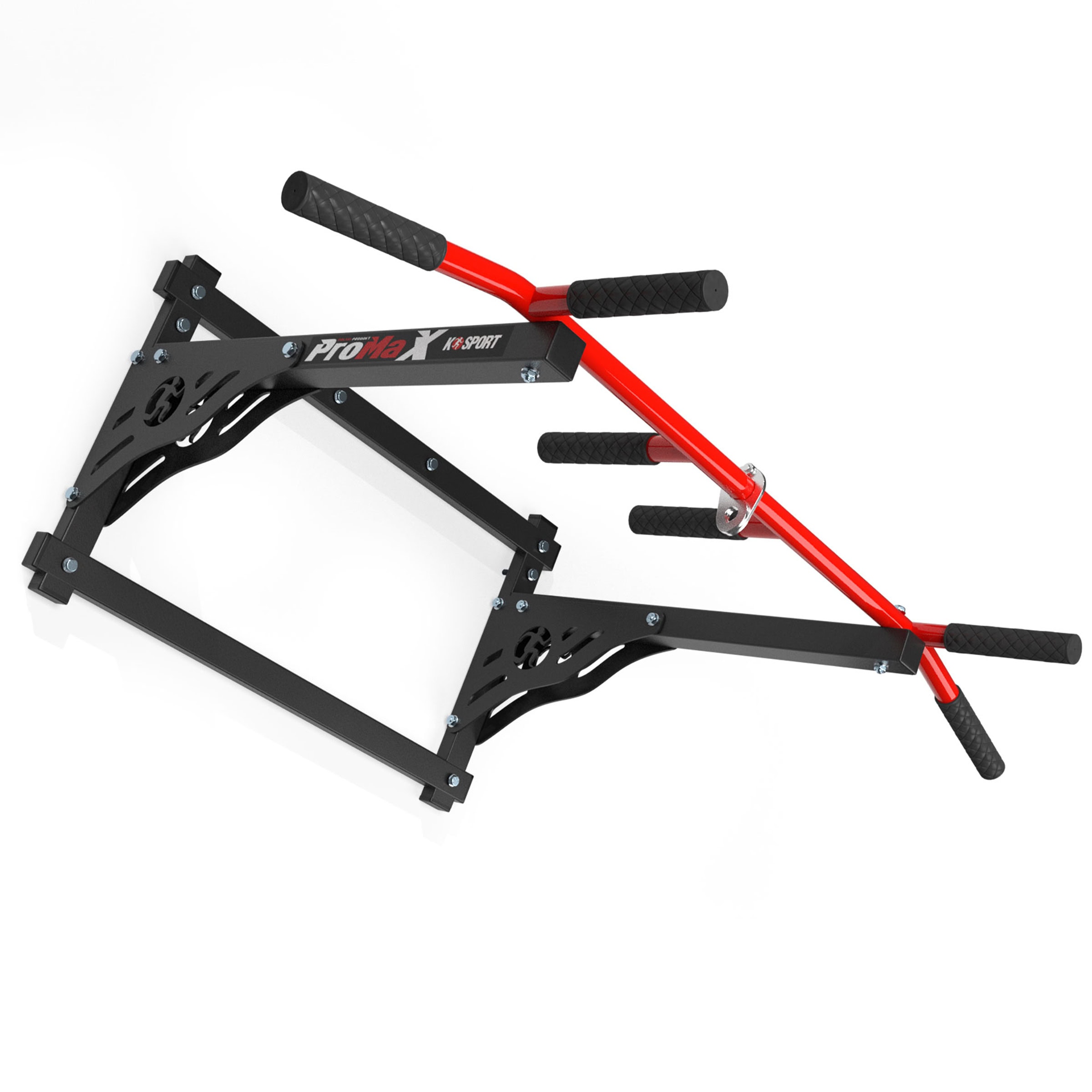 Side view of the wall mounted pull up bar, showing the different grips and robust structure