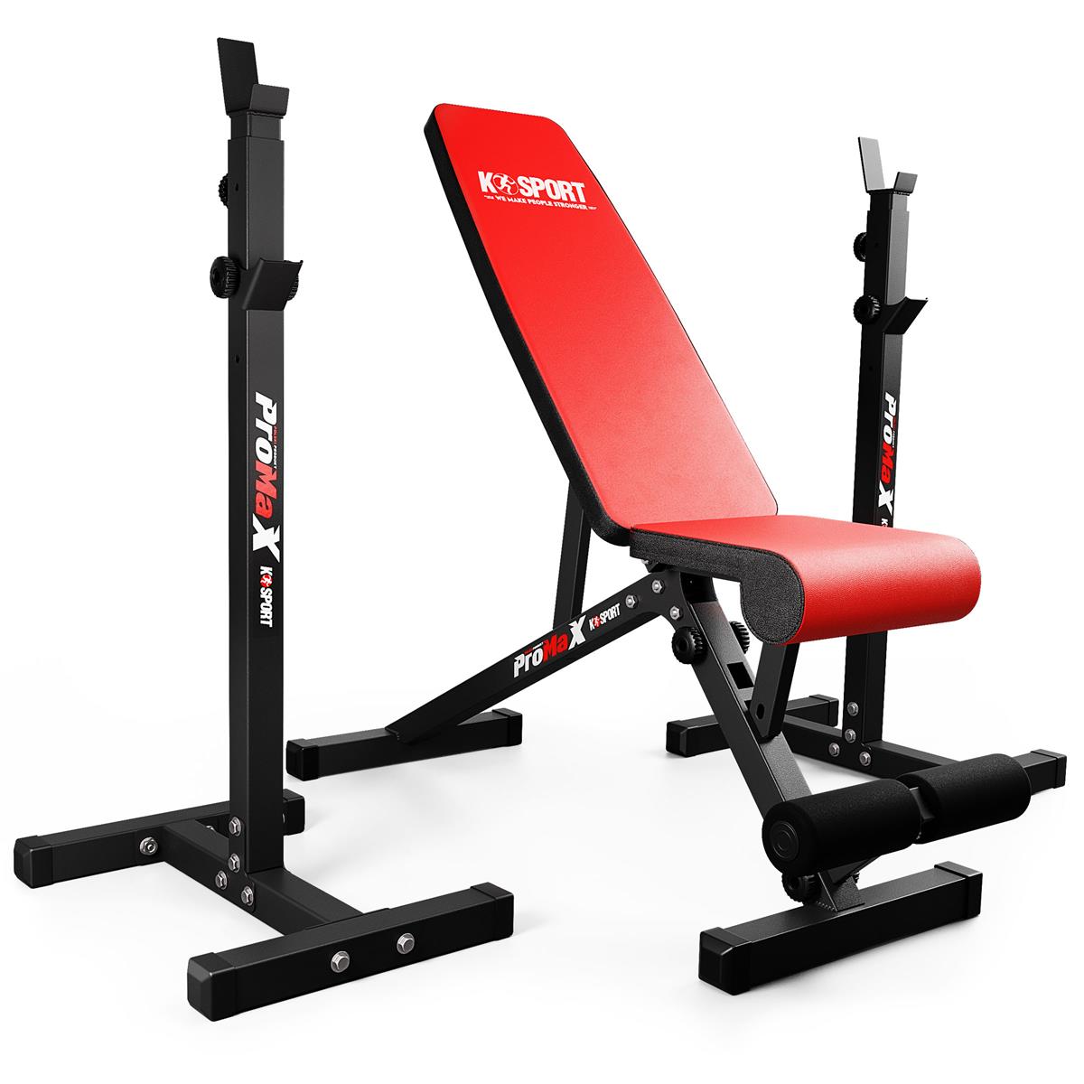 K-Sport weight lifting bench with an integrated rack system in red and black