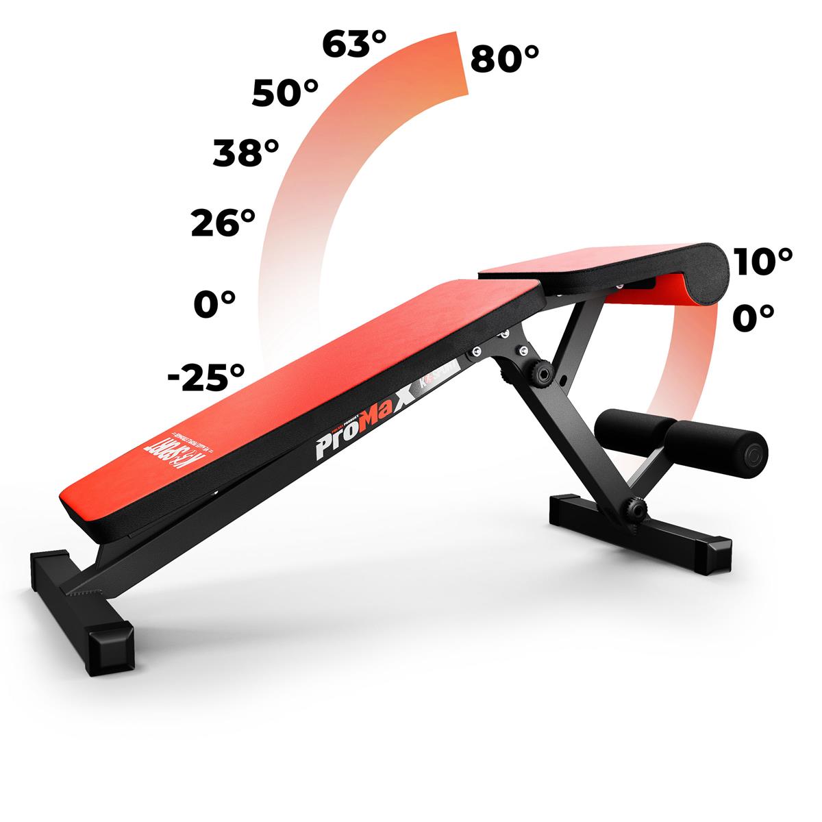 Adjustable K-Sport ProMax bench with inclination angles ranging from -25° to 80°