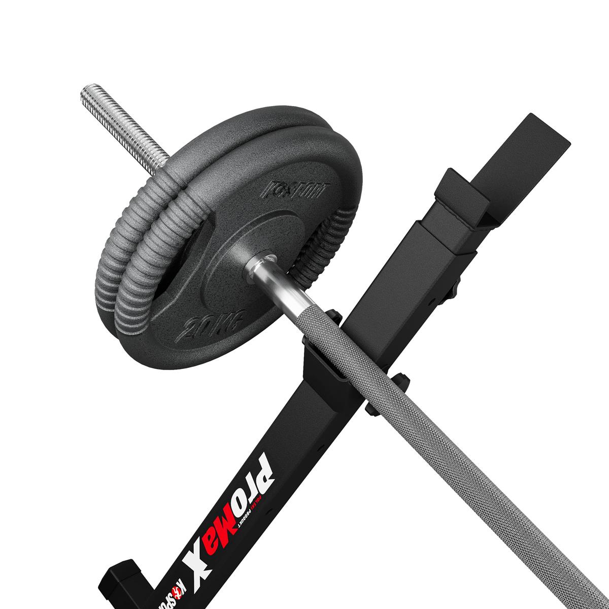 Close-up of a barbell with weight plates mounted on the K-Sport weight rack