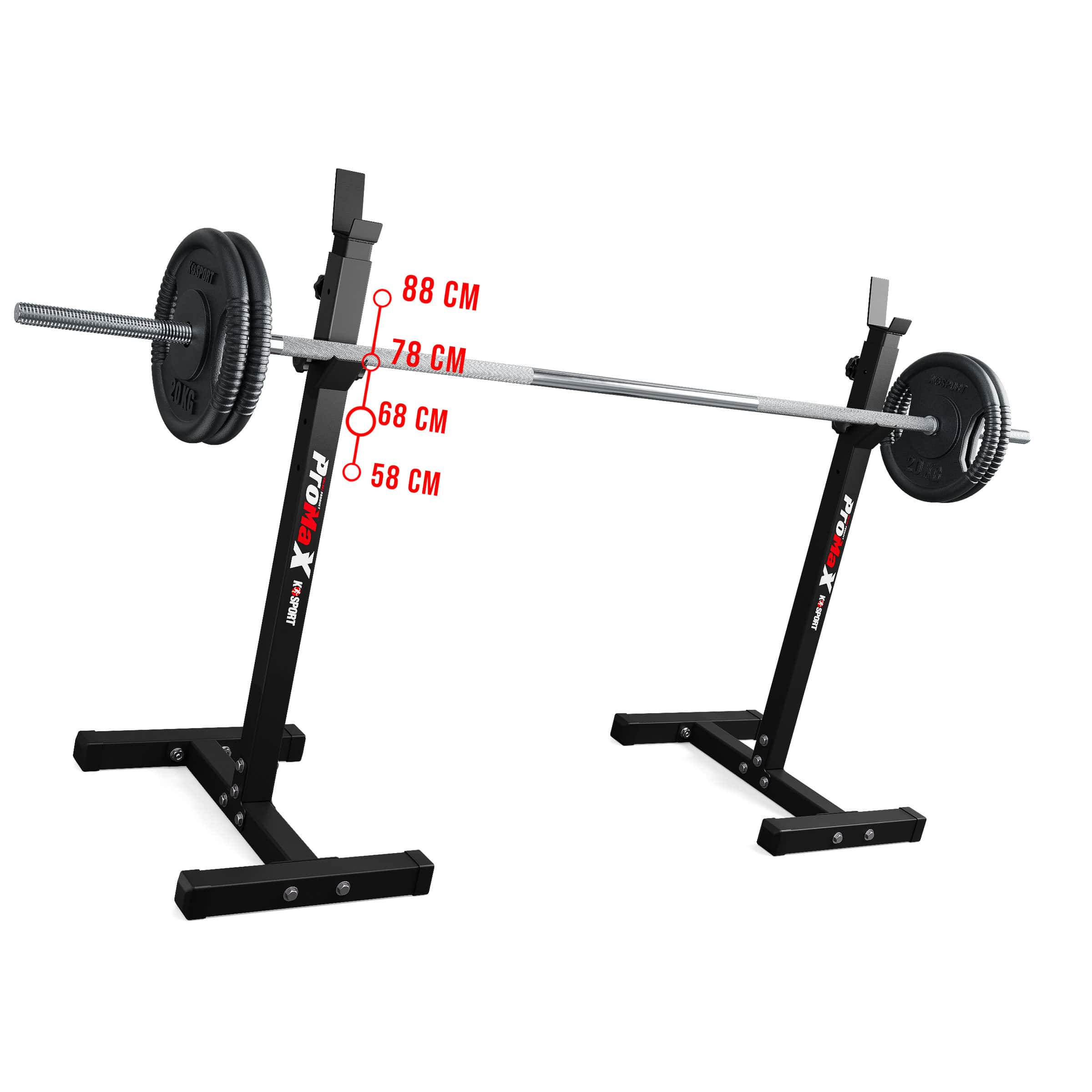 Adjustable squat rack with barbell height settings from 58 cm to 88 cm