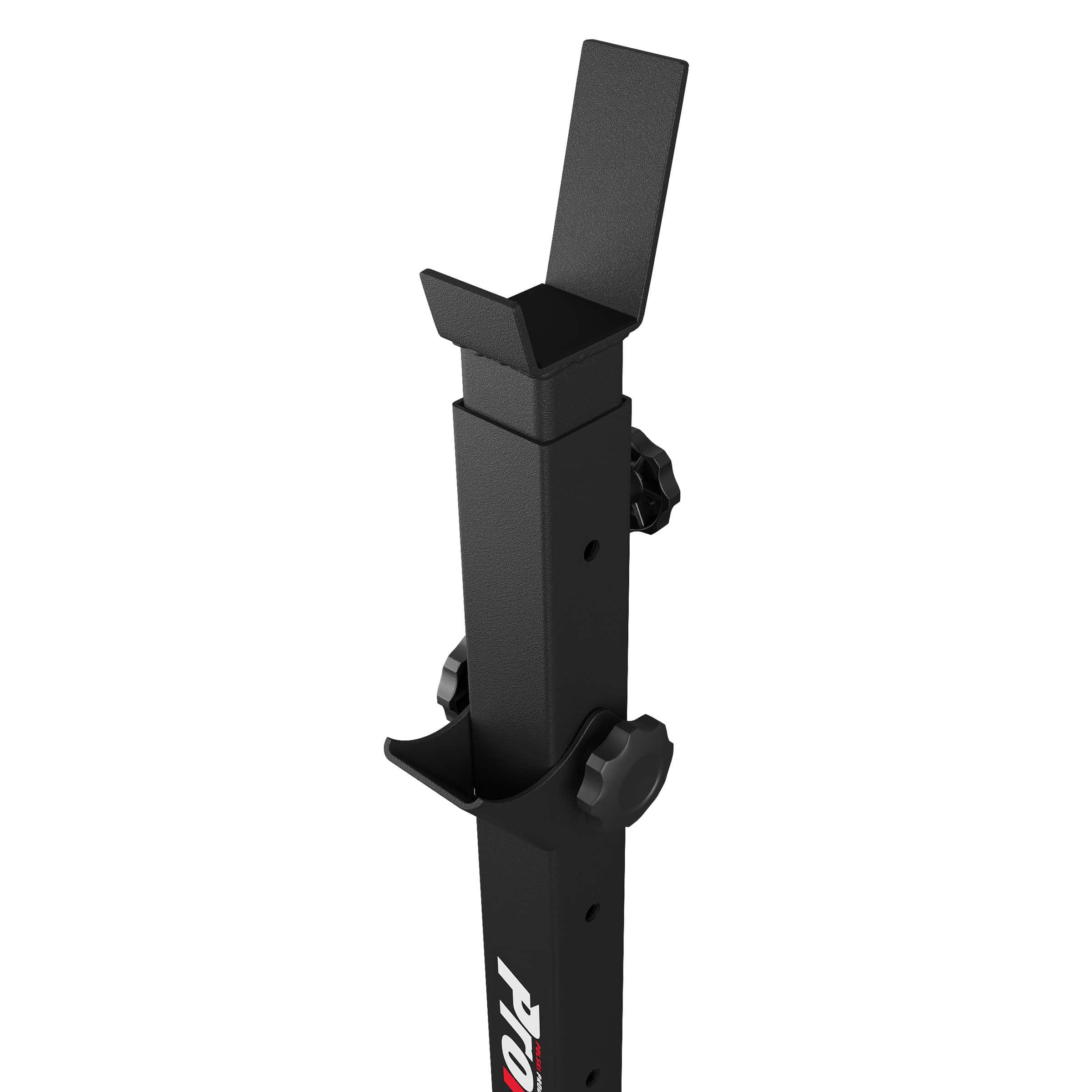 Close-up of adjustable Olympic barbell rack with safety lock knobs