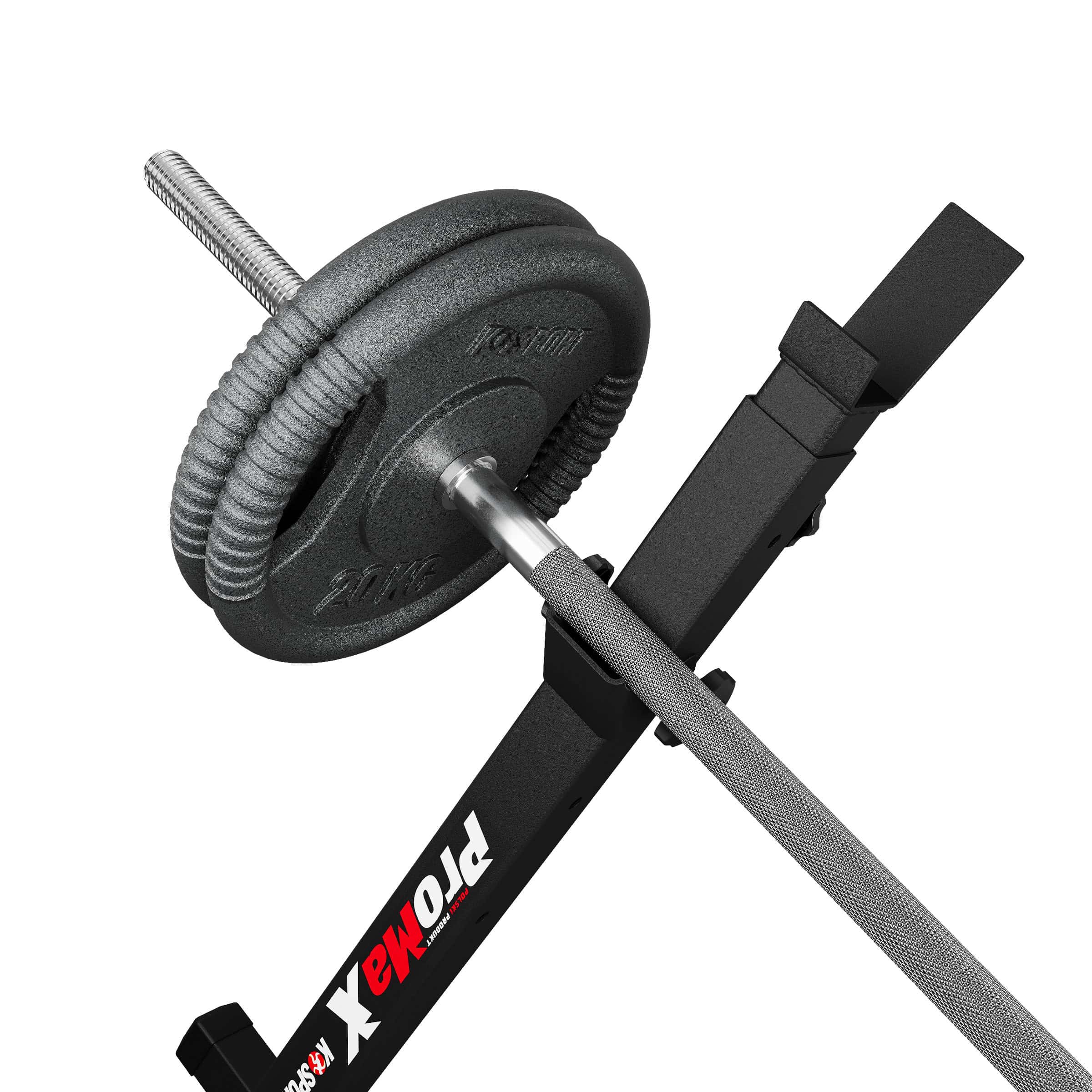 Olympic barbell stand holding bar with weight plates securely
