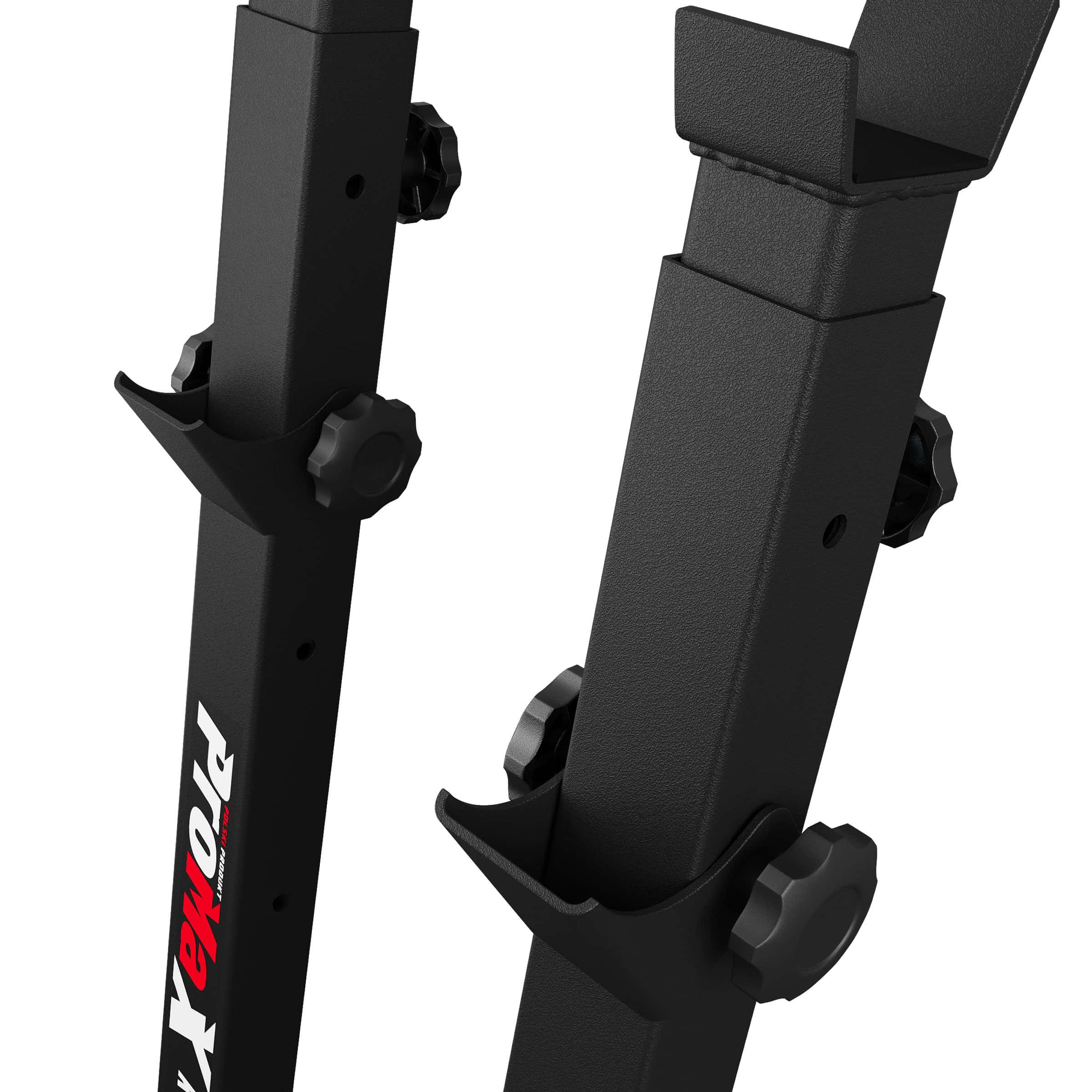 Detailed view of squat rack stand adjustment system and safety hooks