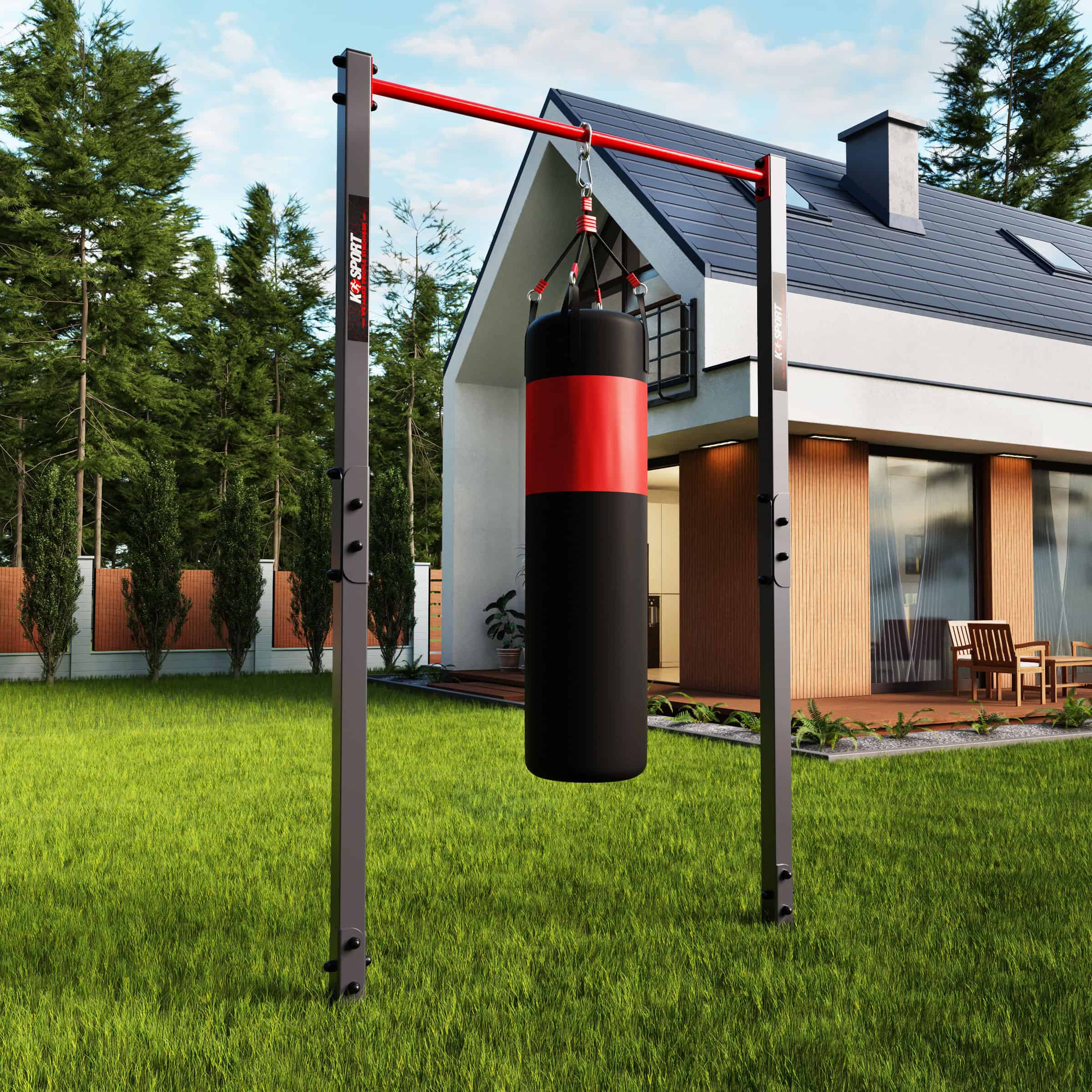 K-Sport outdoor pull-up bar with red pull-up bar on grass surface