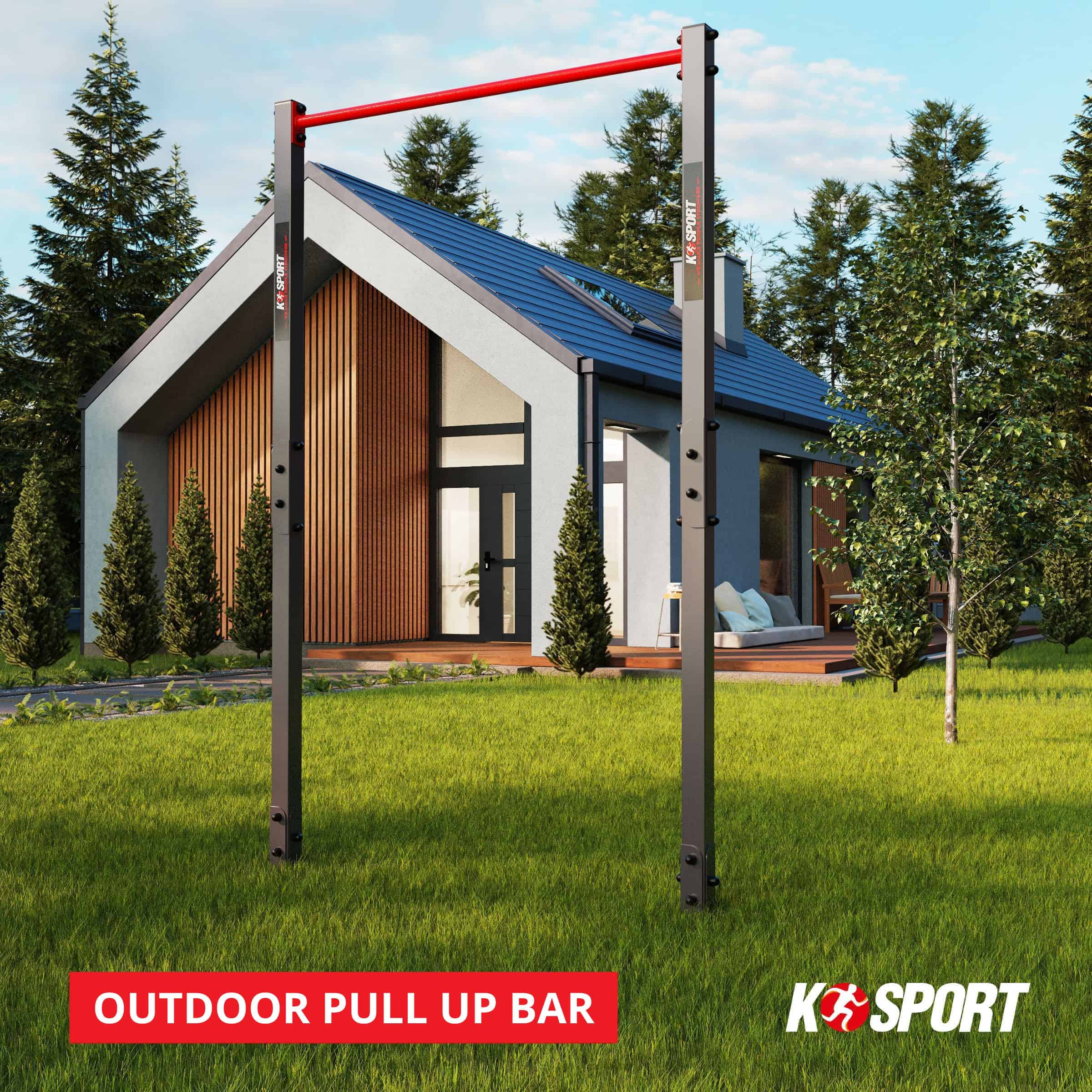 K-Sport outdoor pull-up bar in a garden in front of a modern detached house