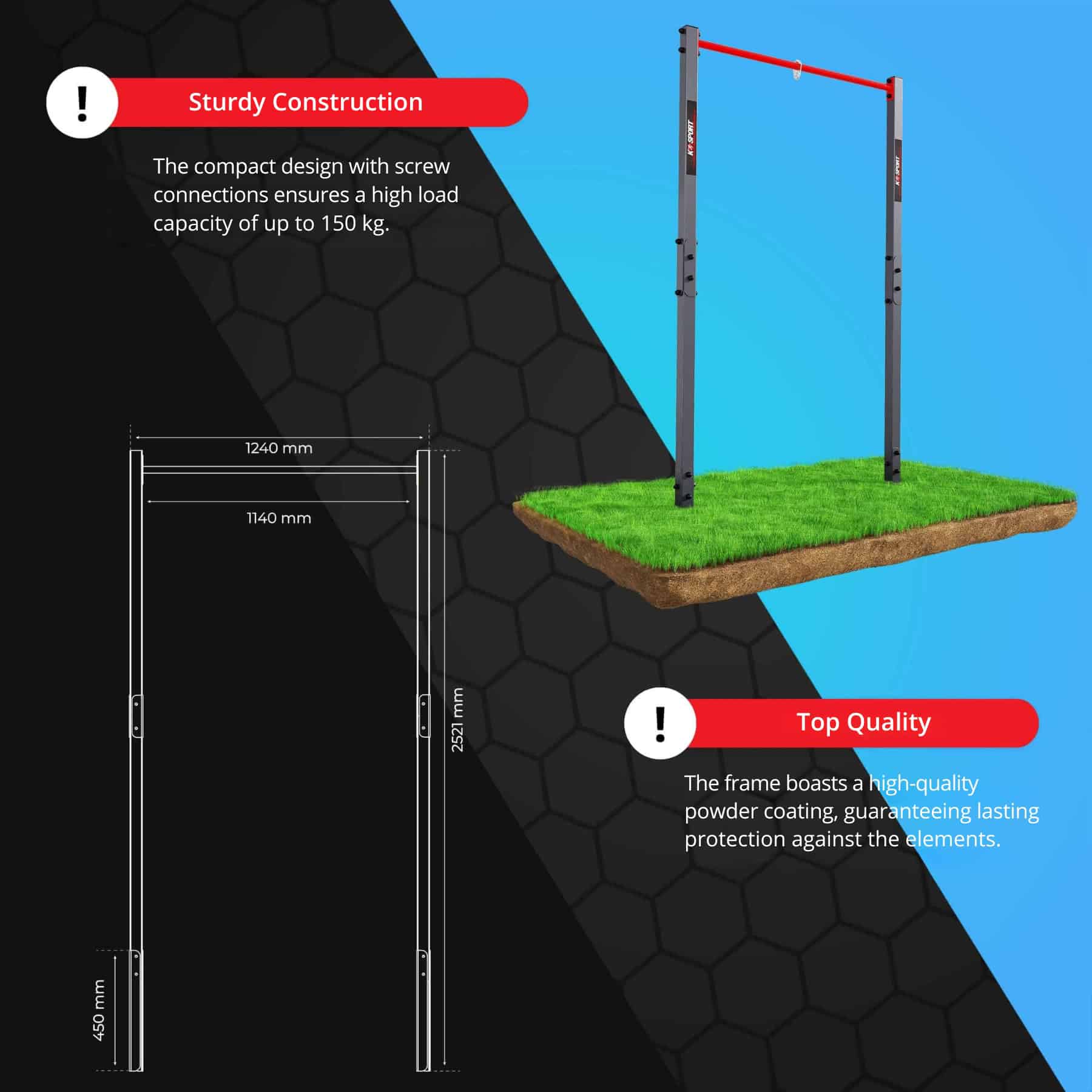 Technical drawing and dimensions of the K-Sport outdoor pull-up bar with assembly instructions