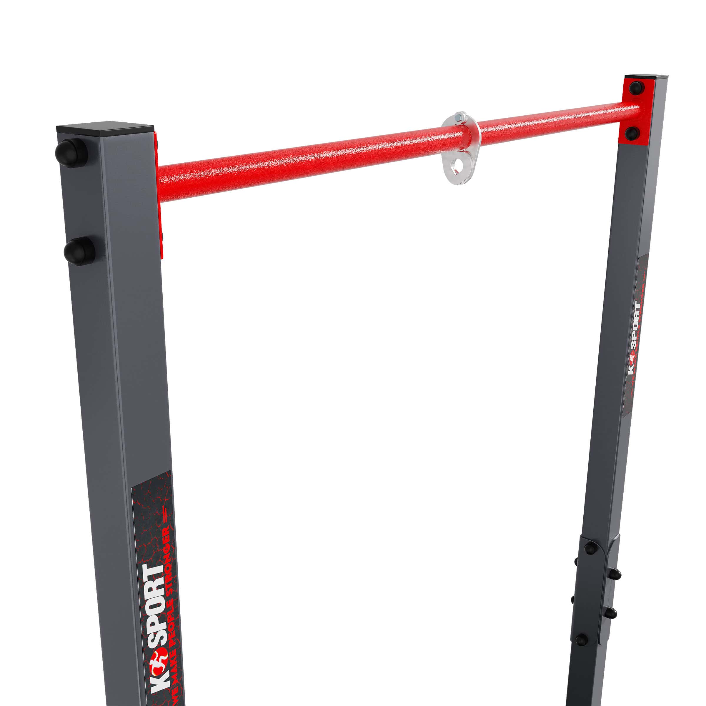 Detail view of the red pull-up bar with metal ring on the K-Sport outdoor frame
